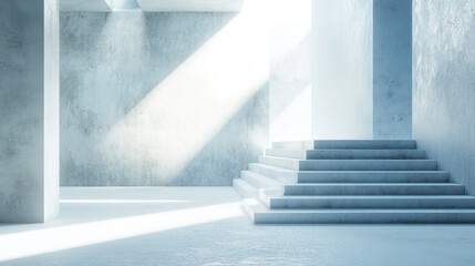Obraz premium serene abstract background featuring concrete texture wall, illuminated by soft light rays. scene includes steps leading to bright area, creating tranquil atmosphere