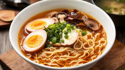 Bowl of ramen soup featuring a hard-boiled egg, assorted vegetables, and mushrooms
