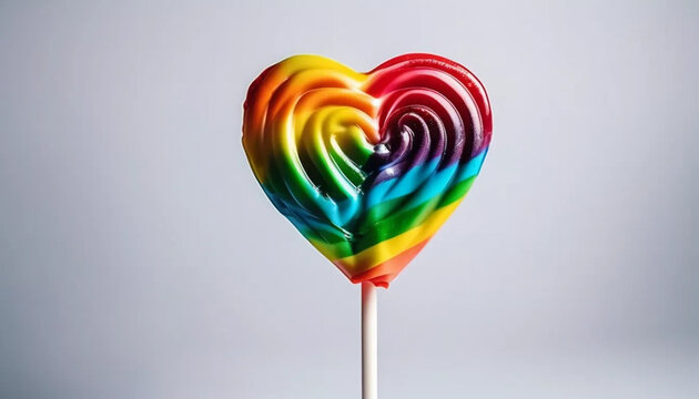 Heart shaped rainbow lillipop on white background. 