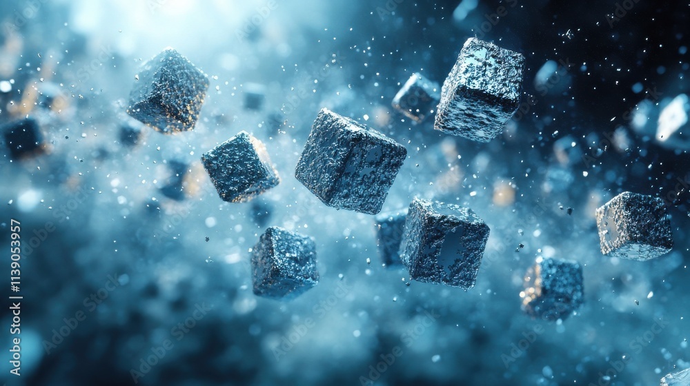 Poster abstract 3d rendering of chaotic particles flying cubes in empty space futuristic backgroun