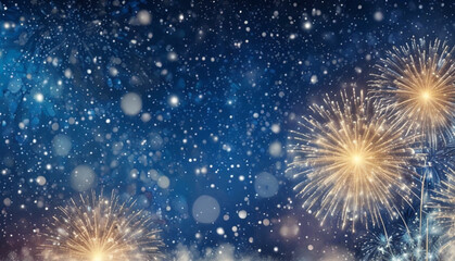 Naklejka premium New year banner background with snow falling, golden and blue fireworks, bokeh lights blur dark background, copy space for new year text. Generative AI