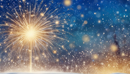 Obraz premium New year banner background with snow falling, golden and blue fireworks, bokeh lights blur dark background, copy space for new year text. Generative AI