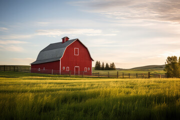 Obraz premium Idyllic Red Barn at Sunset in Lush Farmland