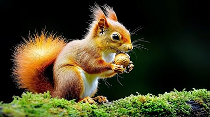 Obraz premium Adorable red squirrel eating an acorn on moss.