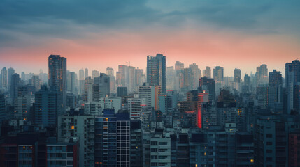 Obraz premium Twilight Glow Over Dense Urban Skyline