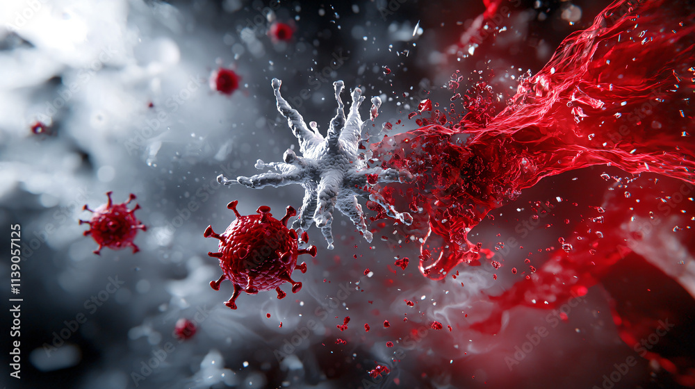 Aufkleber 3d illustration of antibodies attacking virus cells in dynamic scene. vibrant colors and fluid motio