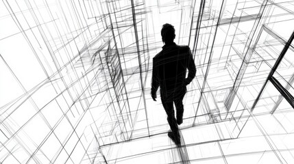 Abstract Representation of a Silhouetted Man Walking Through a Complex Architectural Structure in Lines and Grids, Symbolizing Modern Design and Innovation