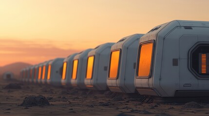 Futuristic Habitats on Martian Landscape at Sunset Glow