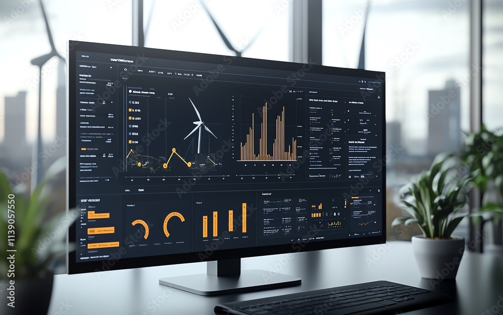 Poster an innovative dashboard interface showcasing detailed wind energy metrics, interactive analytics, mo