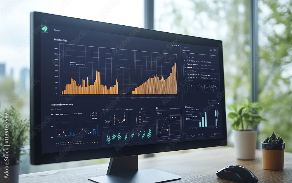 Poster an innovative dashboard interface showcasing detailed wind energy metrics, interactive analytics, mo