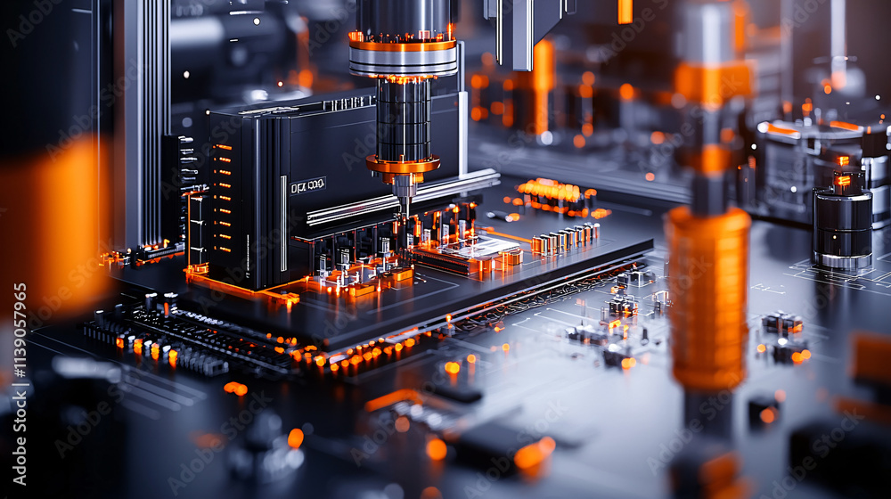 Poster High tech circuit board with AI driven components and robotic elements, showcasing futuristic design with vibrant orange and black colors, symbolizing innovation and technology