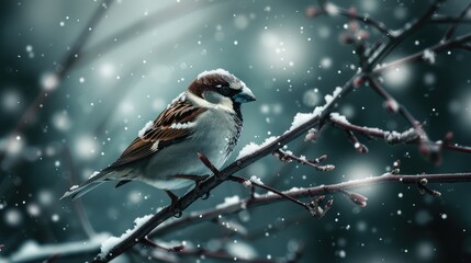 Sparrow Perched on Snowy Branch in Winter