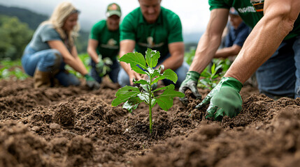 Volunteers participating in community led reforestation project, planting young trees in rich soil, showcasing teamwork and environmental care