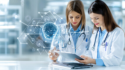 Innovative healthcare professionals using technology for mental health support. They analyze data and collaborate on patient care with AI assistance, enhancing treatment outcomes
