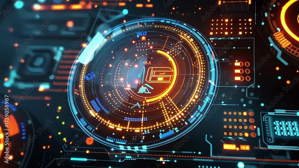 Poster futuristic head up display is showing rotating planet earth and processing data analysis with digita