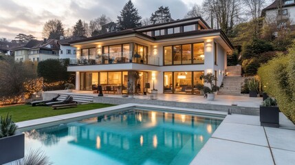 Fototapeta premium Modern Luxury Villa with Stunning Architecture and Serene Poolside Retreat Surrounded by Lush Greenery Under a Twilight Sky