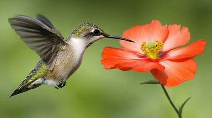 Fototapeta premium Hummingbird in flight approaching a red flower.