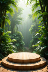 Circular wooden podium in a lush rainforest