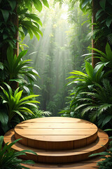 Circular wooden podium in a lush rainforest