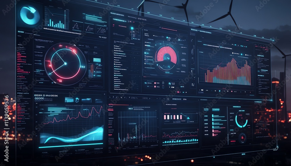 Poster A clean and futuristic digital dashboard with wind energy data visualizations, bold color gradients, dynamic analytics displays, cuttingedge UI, highresolution