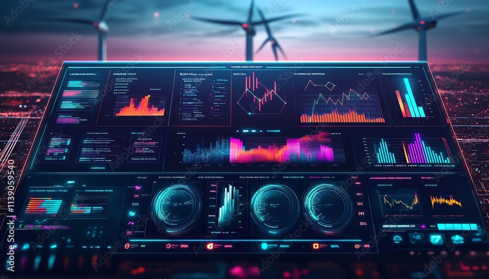 Poster A clean and futuristic digital dashboard with wind energy data visualizations, bold color gradients, dynamic analytics displays, cuttingedge UI, highresolution