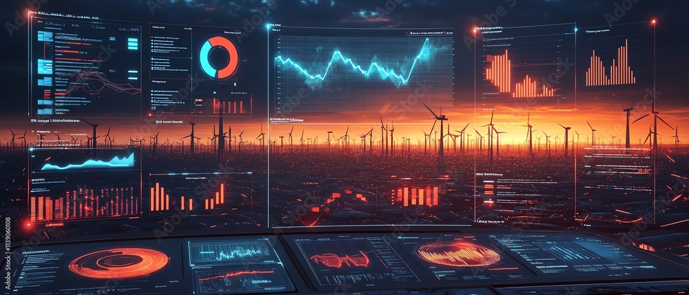 Poster a cuttingedge analytics dashboard with wind turbine data, glowing graphs, clean interface, vibrant a