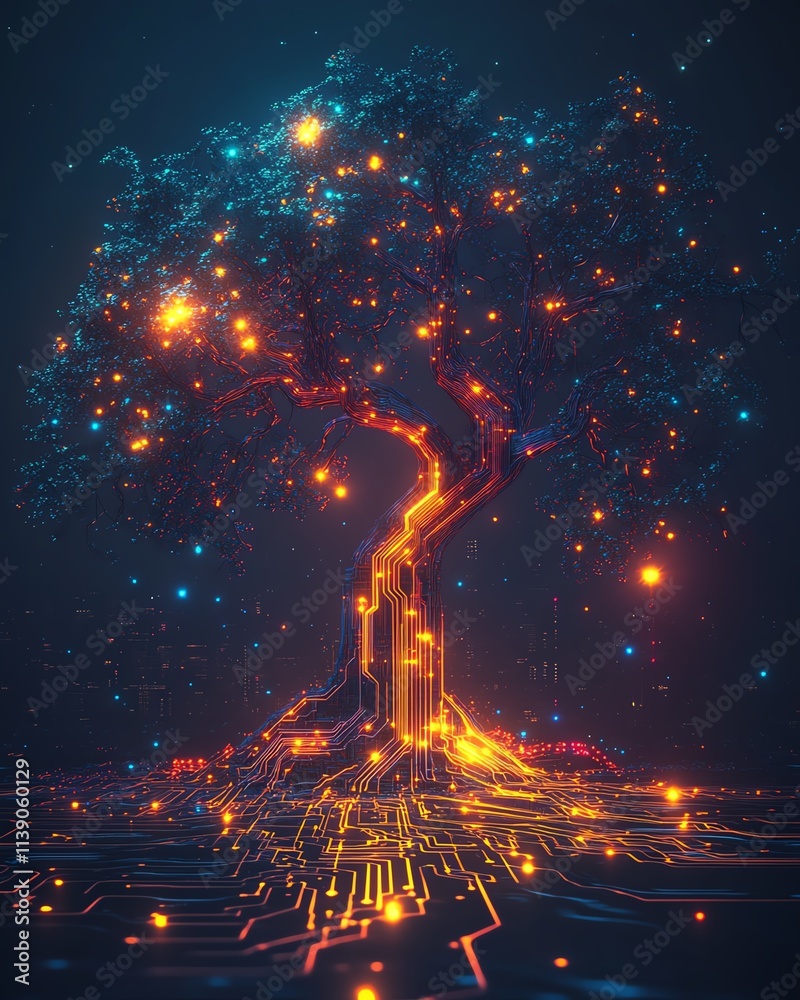 Poster a cyber tree glowing with neon lights, integrated into a digital circuit board, futuristic technolog