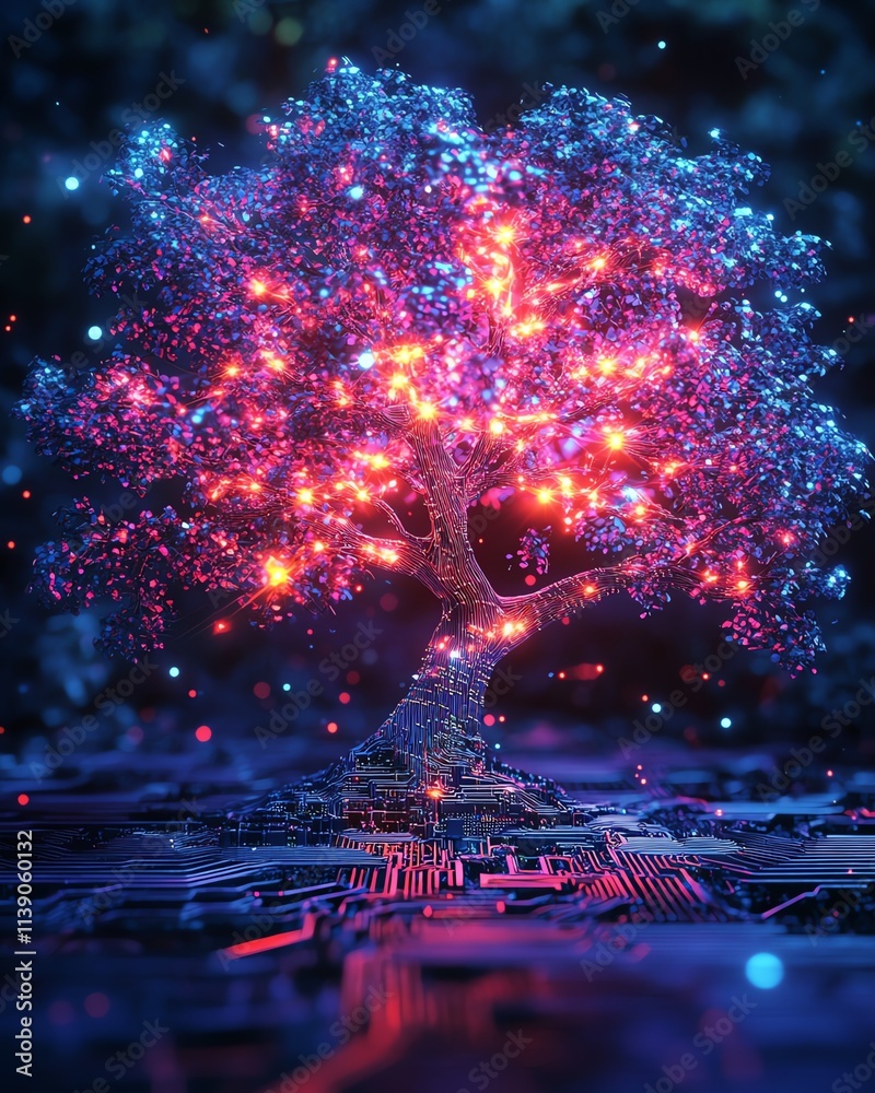 Poster a cyber tree glowing with neon lights, integrated into a digital circuit board, futuristic technolog