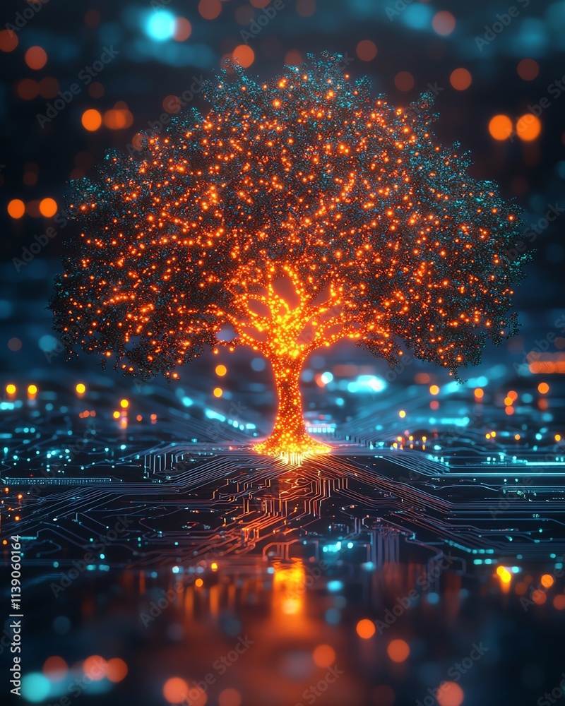 Poster a cyber tree glowing with neon lights, integrated into a digital circuit board, futuristic technolog