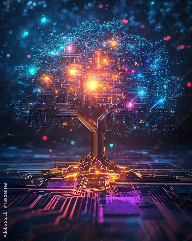 Poster a cyber tree glowing with neon lights, integrated into a digital circuit board, futuristic technolog