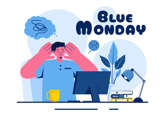 Blue Monday Illustration Depicting Sadness and Mental Health Influenced by Weather and certain circumstances in a Flat Style Cartoon Background