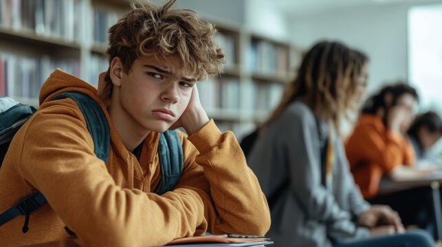 Student struggles with concentration in classroom high school candid photo educational environment close-up emotional reflection