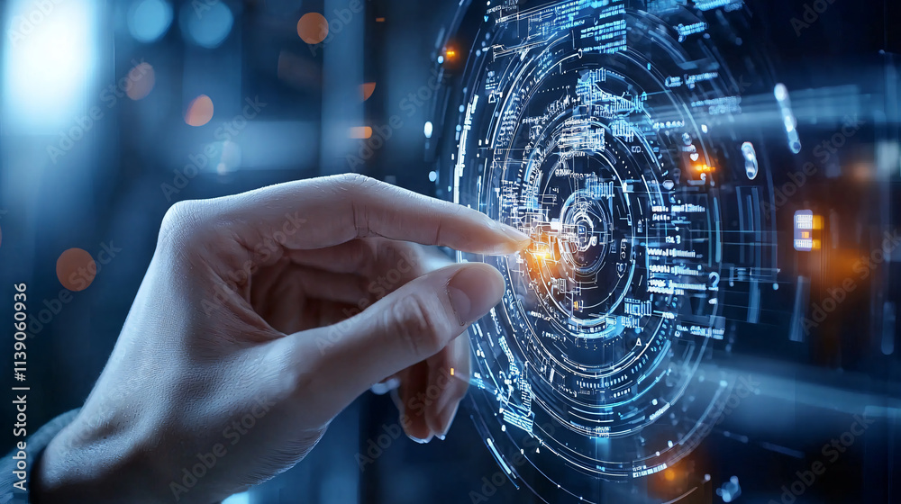 Leinwandbilder hand interacting with futuristic digital interface, showcasing advanced technology and data visualiz