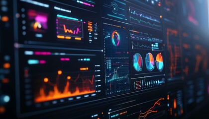 Fototapeta premium A dynamic digital dashboard displaying wind energy performance metrics, colorful data visualizations, futuristic style, sharp details, ultra HD rendering