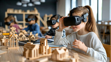 child wearing virtual reality headset explores futuristic classroom filled with wooden models. atmosphere is engaging and innovative, showcasing modern learning