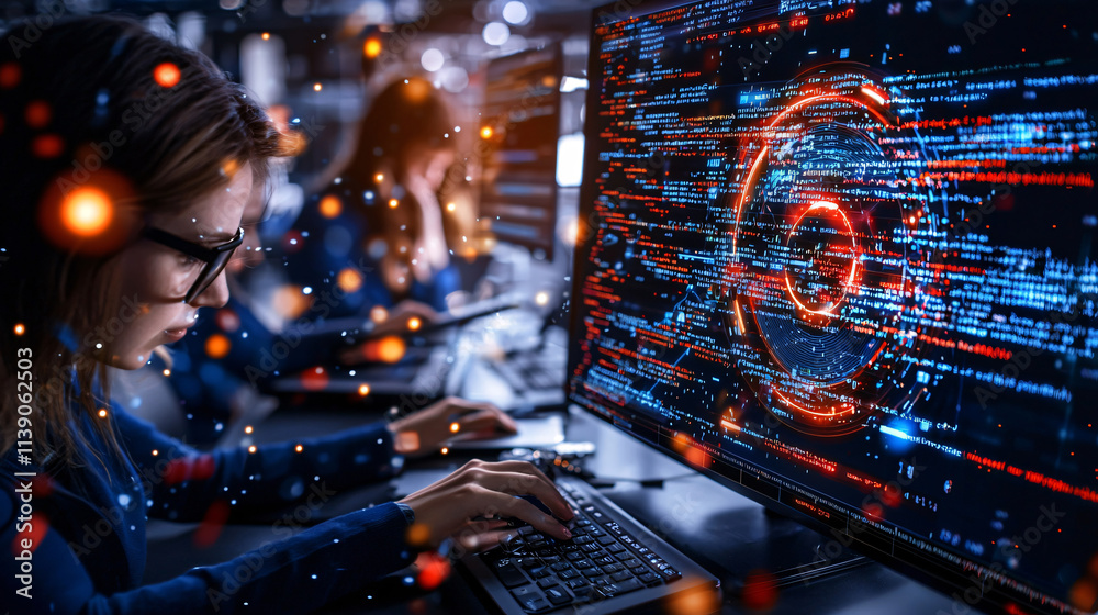 Poster hacker working on dark screen filled with code and data visualizations, showcasing high tech environment. atmosphere is intense and focused, highlighting cybersecurity