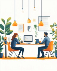 Fototapeta premium A group of professionals in an office environment working together on a project, teamwork and synergy concept, bright modern workspace, vibrant illustration