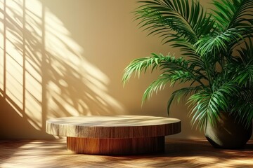 Fototapeta premium Modern Interior Scene with Wooden Table and Lush Green Plant in Bright Room Lighting
