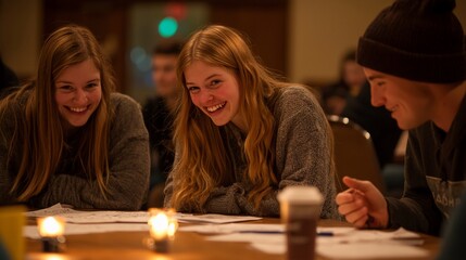 Fototapeta premium Happy young adults laughing together at a table.