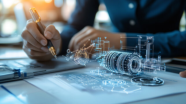 Engineer using pen to design mechanical components with digital overlays, showcasing innovation and technology in engineering. image captures blend of creativity and precision