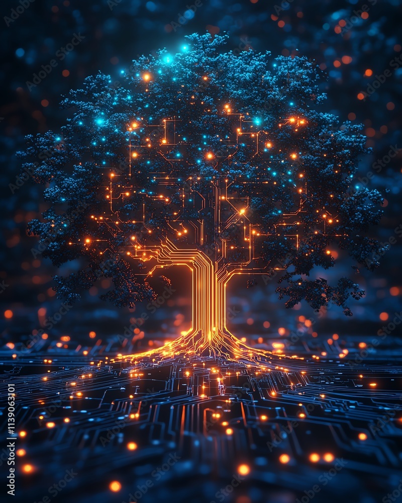 Fototapete a luminous digital tree with pulsating neon lights, embedded in a hightech circuit board, futuristic