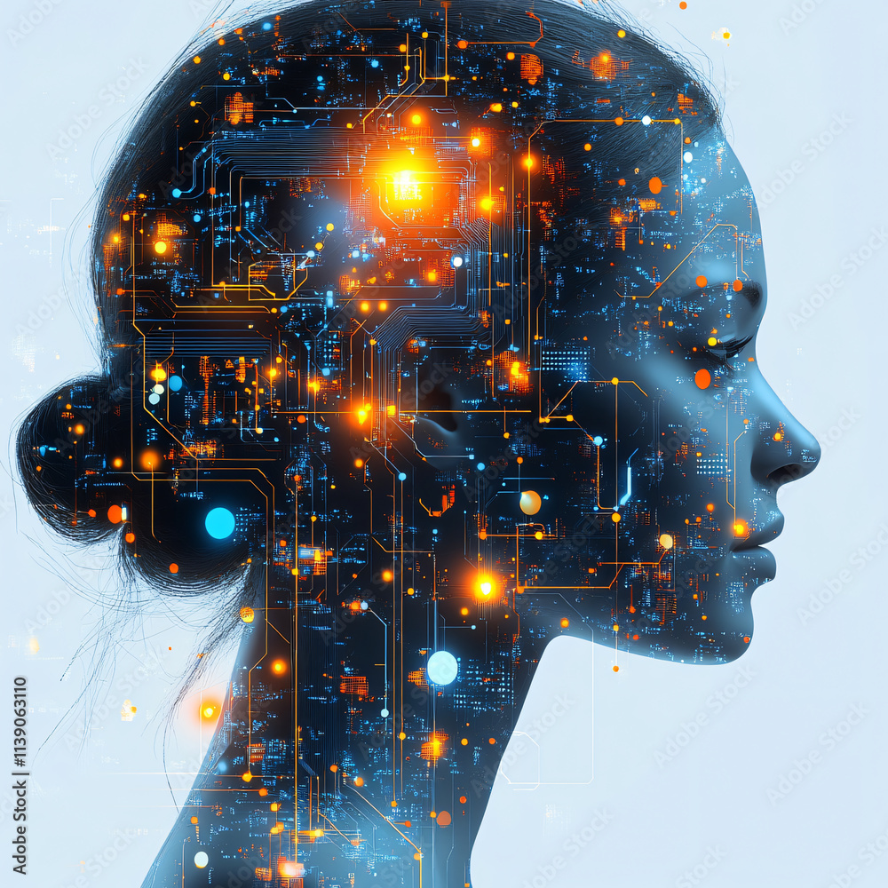 Aufkleber image depicts silhouette of woman with digital circuit pattern overlay, symbolizing artificial intel