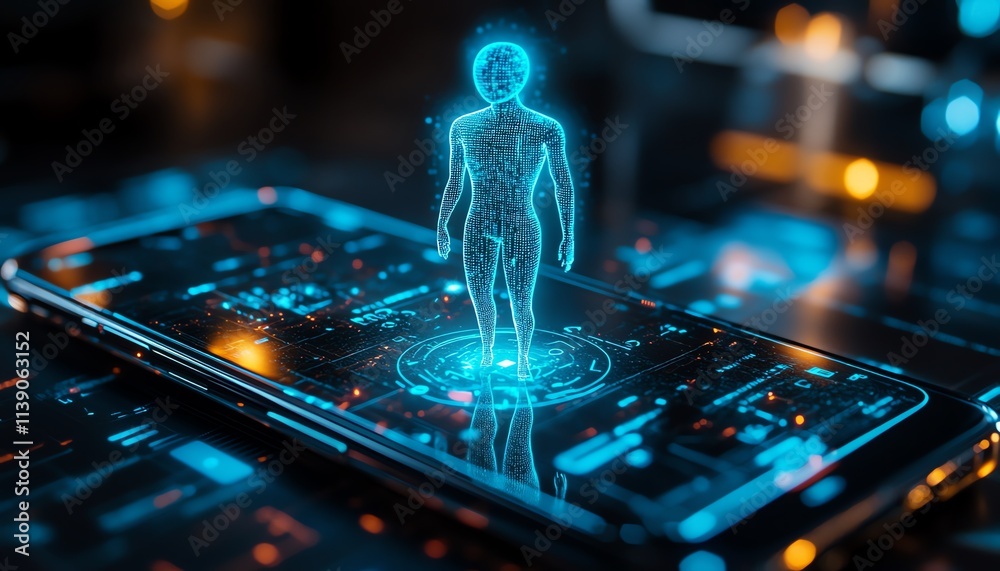 Poster a medium shot of a smartphone projecting a glowing holographic ai assistant, blending minimalist sty