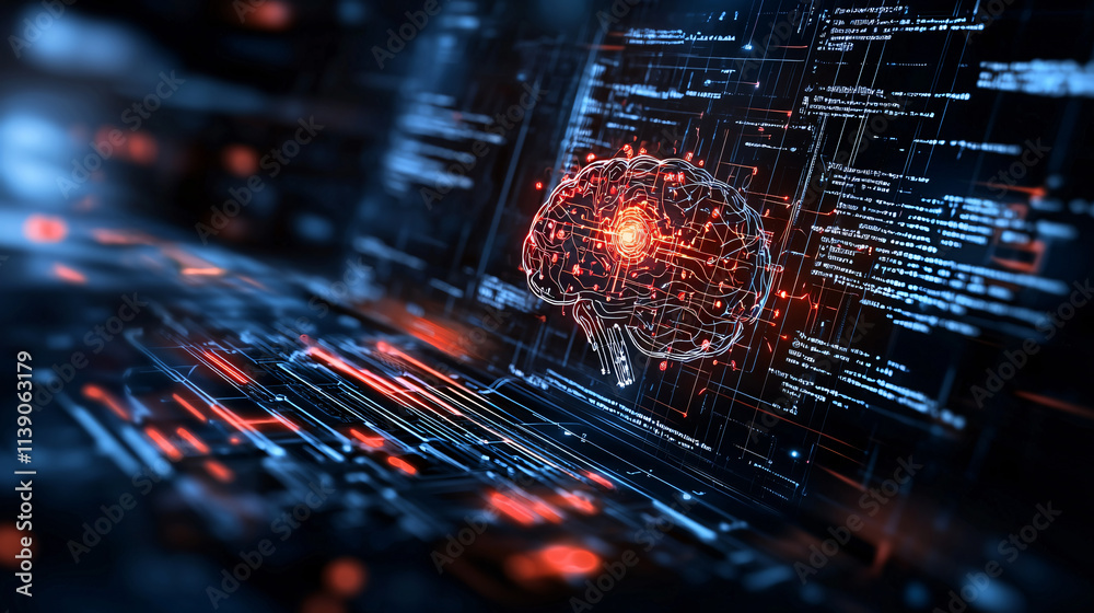 Aufkleber image depicts digital representation of brain, symbolizing artificial intelligence and robotics, surrounded by glowing data streams and code