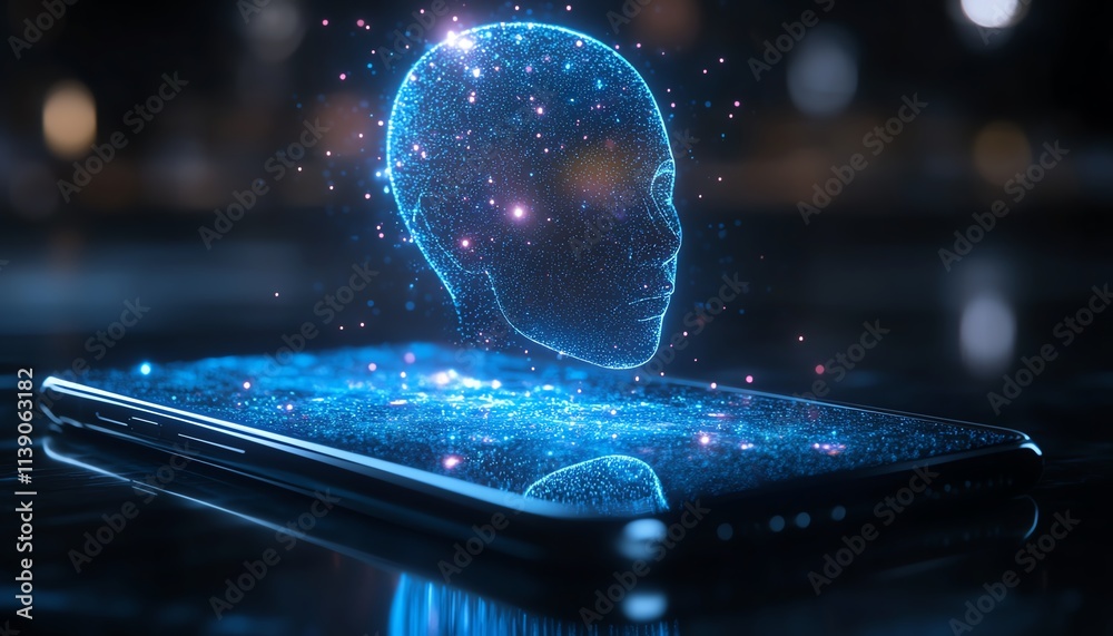 Poster a medium shot of a smartphone with a holographic ai assistant projected above it, blending artificia