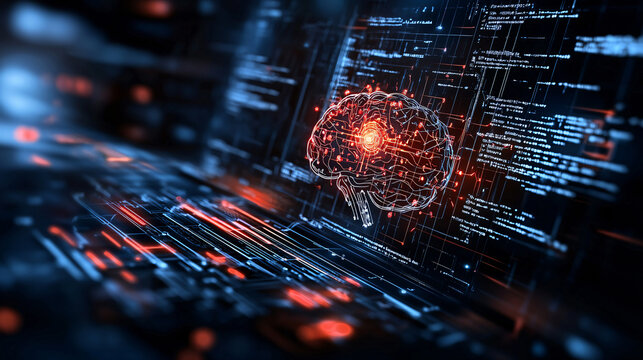 image depicts digital representation of brain, symbolizing artificial intelligence and robotics, surrounded by glowing data streams and code