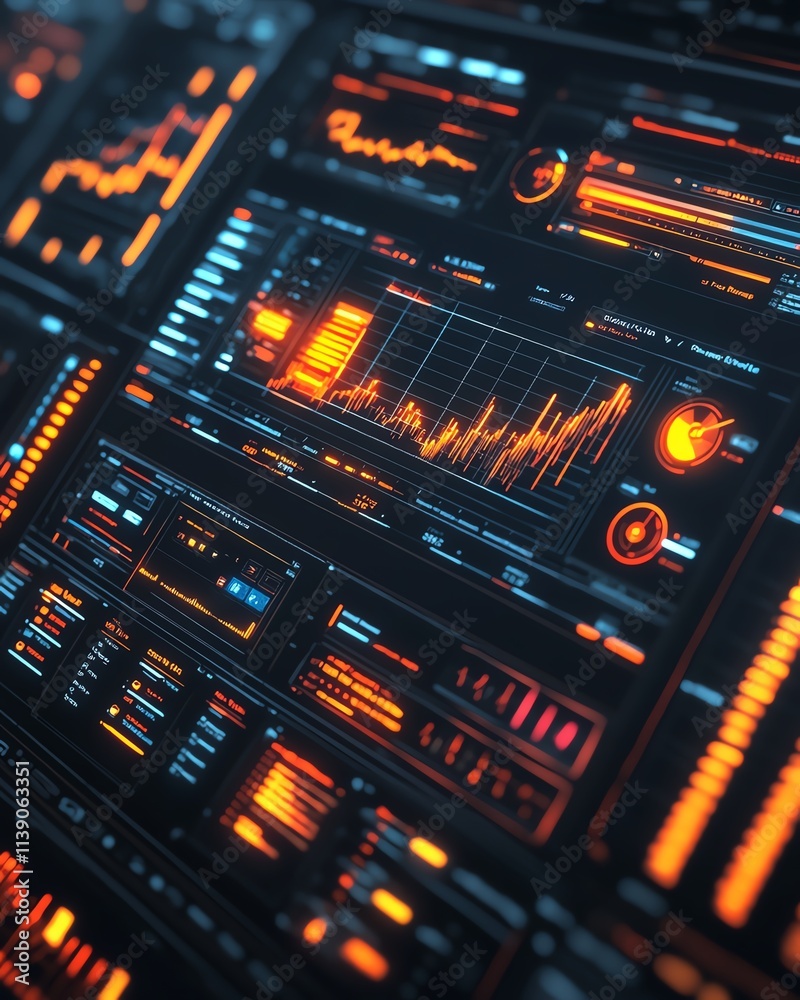 Poster A modern dashboard interface with wind energy analytics, glowing charts, interactive data visualizations, futuristic aesthetic, sharp details, 8K rendering