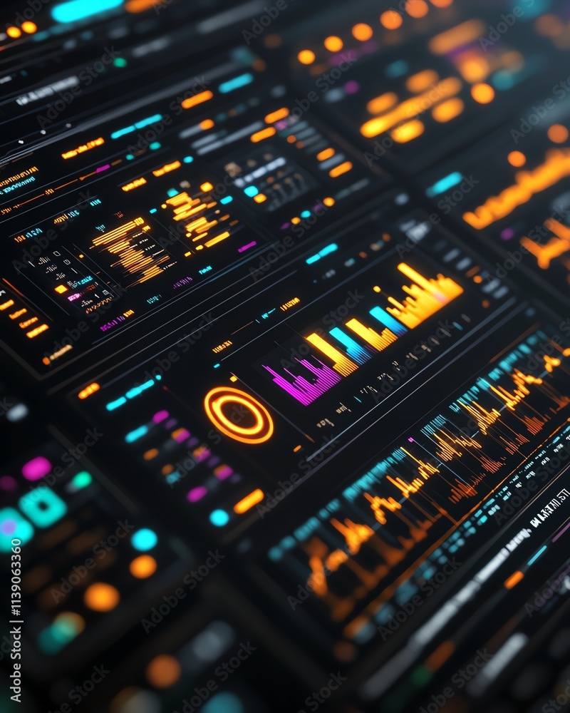 Poster A modern dashboard interface with wind energy analytics, glowing charts, interactive data visualizations, futuristic aesthetic, sharp details, 8K rendering
