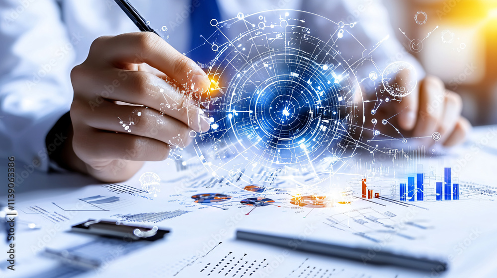 Aufkleber Transforming data into insights, person analyzes charts and graphs with digital technology. fusion of traditional methods and modern innovation enhances decision making