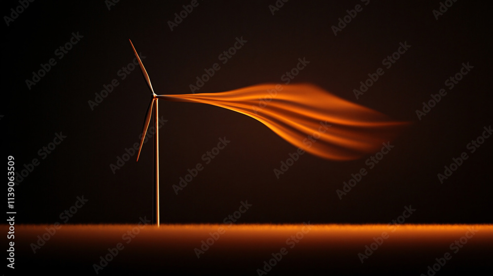 Poster wind turbine with flowing motion, illuminated by warm light, symbolizes renewable energy and innovat